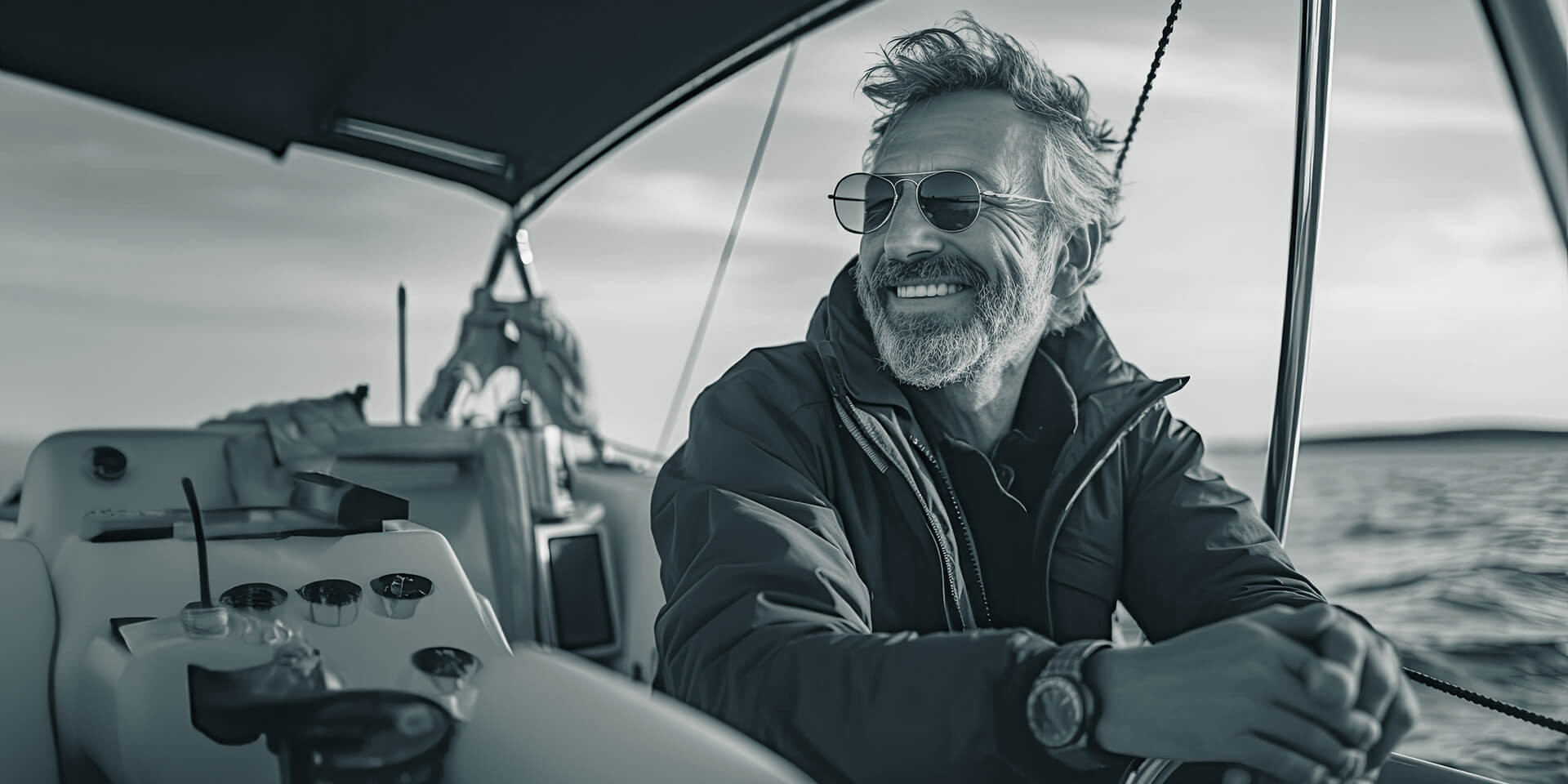 A middle-aged man with a beard and sunglasses looks out contentedly over the sea from his boat.