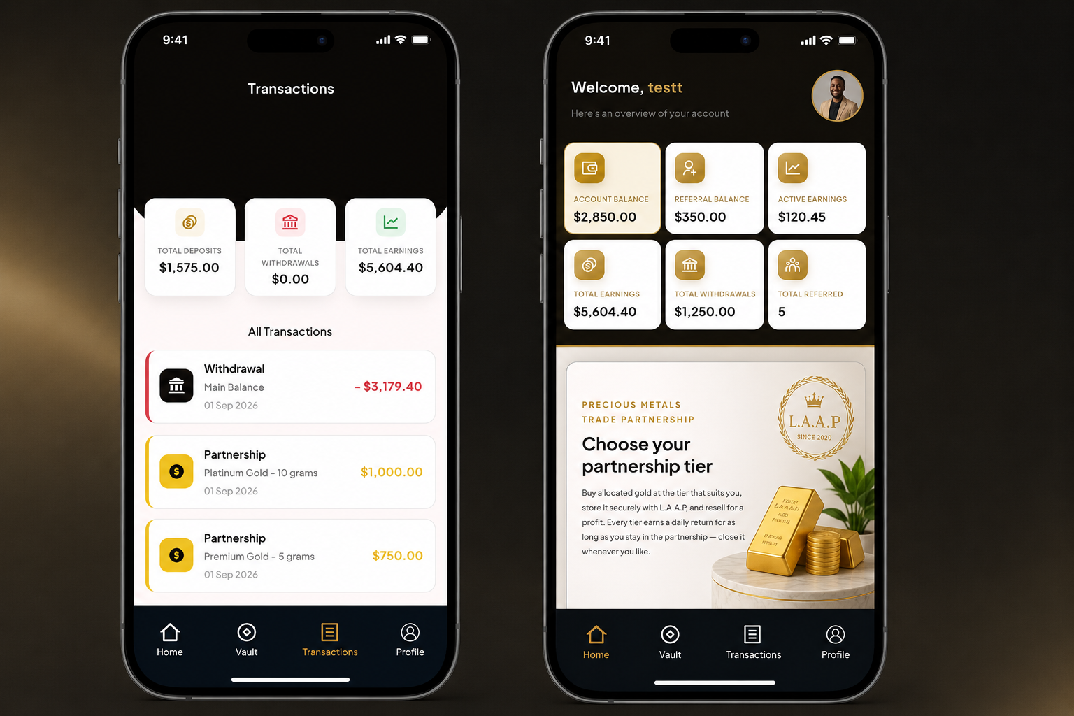 A partner reviewing their L.A.A.P precious-metals portfolio on a smartphone.